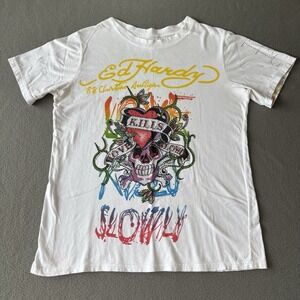 Ed Hardy Christian Audigier Love Kills Slowly Rhinestone Skull T Shirt Y2K S